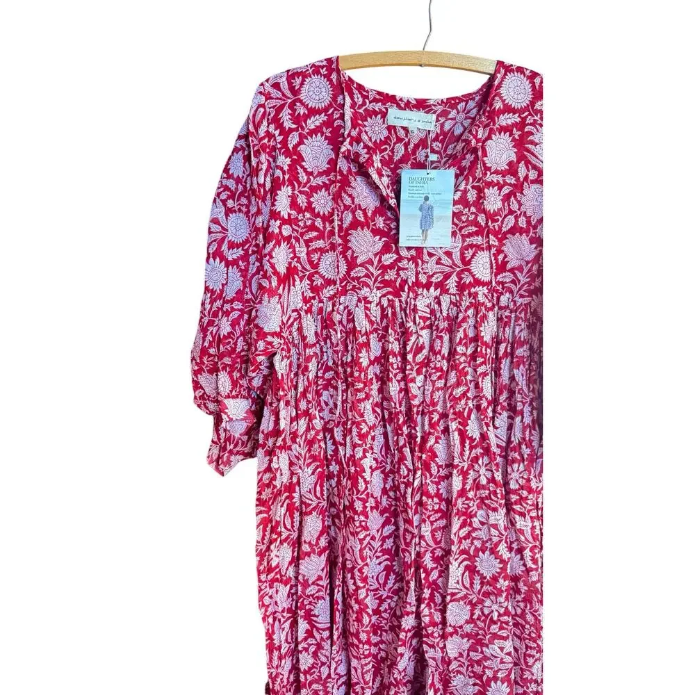 DAUGHTERS OF INDIA NWT Kyra Midi Dress Saffron Red Sz XL Block Print 100% Cotton - Picture 5 of 14